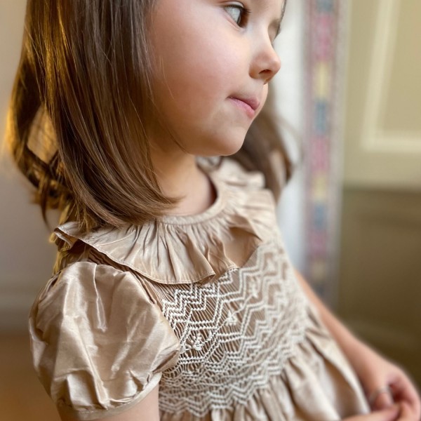 Diana Special Occasion Dress Champagne Silk with Gypsophila Hand Smocking