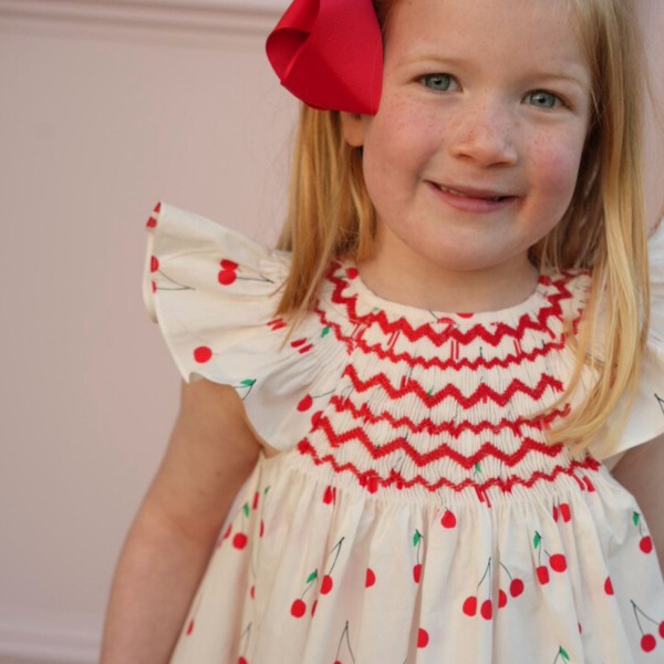 Indira Gandhi Flutter Dress Mon Cherry Cotton with a La Mode Hand Smocking