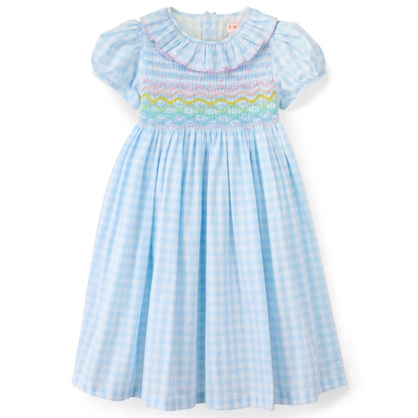 Katherine Johnson Dress Blue Sky Gingham with Rainbow Hand Smocking