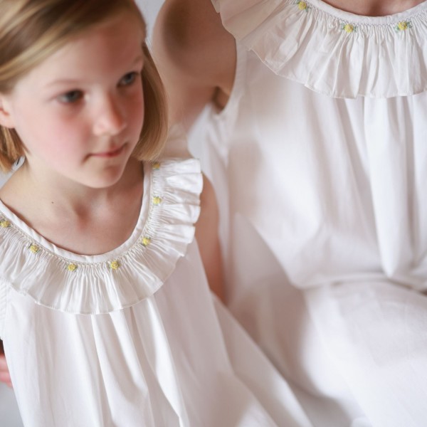 Memo Press x Smock London Girls Alice Dress Moonstone with Yellow Rose Hand Smocking