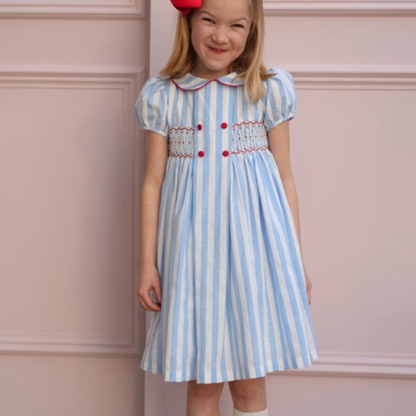 Thatcher Dress Sailor Stripe with White Heart Hand Smocking