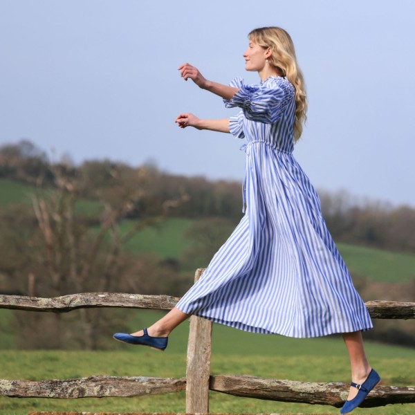 Aloha Wanderwell Dress Ocean Stripe with White Honeycomb Hand Smocking
