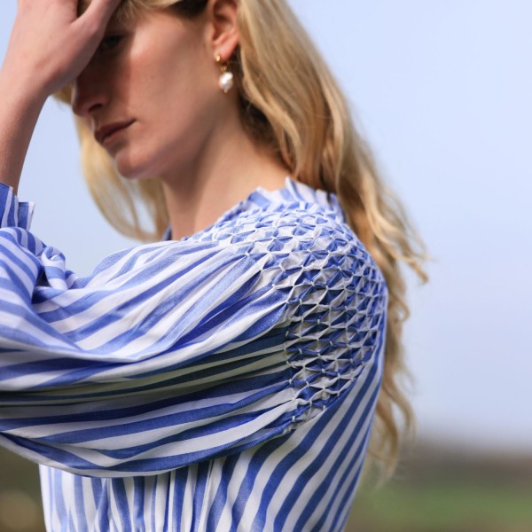 Aloha Wanderwell Dress Ocean Stripe with White Honeycomb Hand Smocking