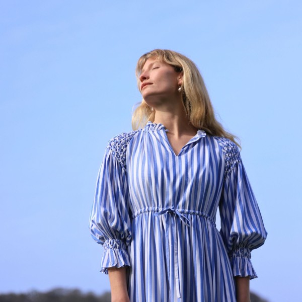 Aloha Wanderwell Dress Ocean Stripe with White Honeycomb Hand Smocking