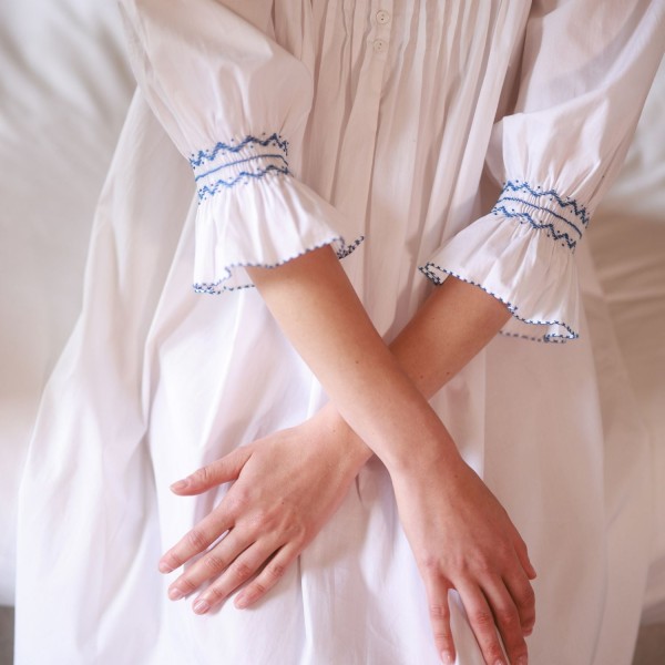 Bessie Coleman Women's Dress Moonstone Cotton with Sapphire Hand Smocking