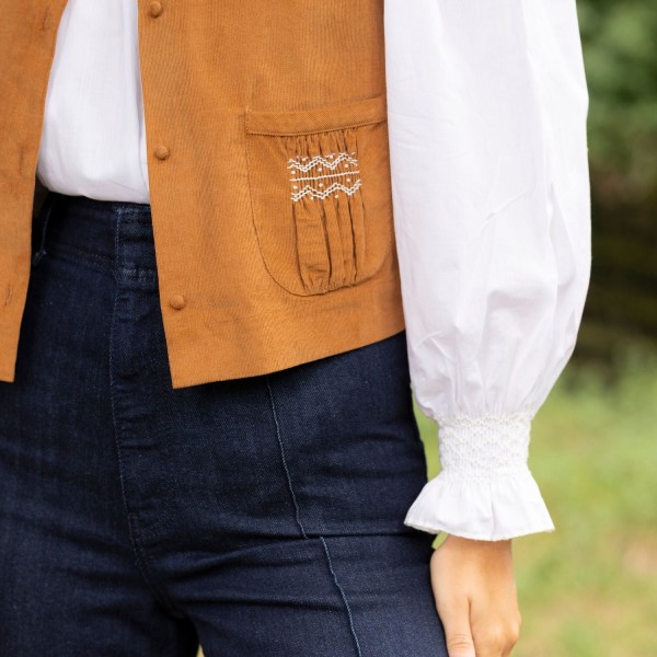 C J Walker Waistcoat Butterscotch Needlecord with Spiced Vanilla Hand Smocking Edition 5