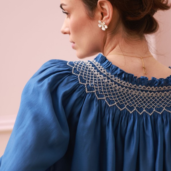 Cleopatra Blouse Cobalt Silk Cotton Sapphire with Vanilla Hand Smocking Edition 33