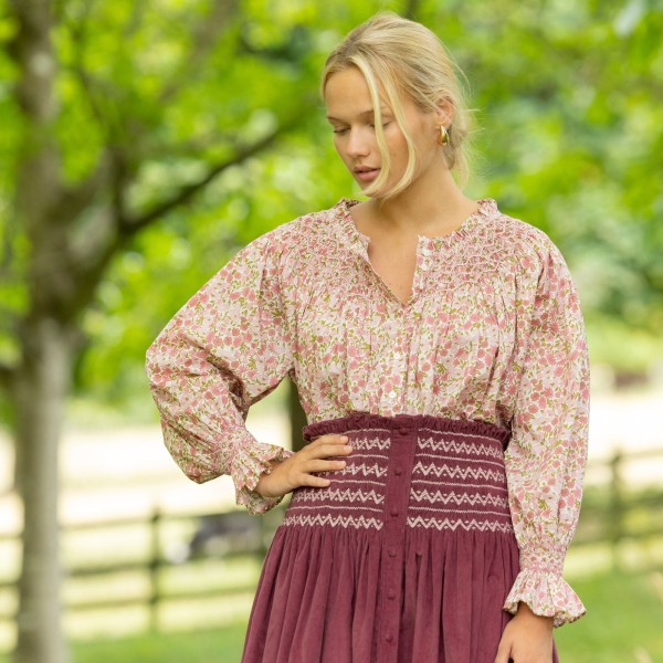 Cleopatra Blouse with Hedgerow Haze Hand Smocking made with Liberty Poppies and Daisies Edition 30