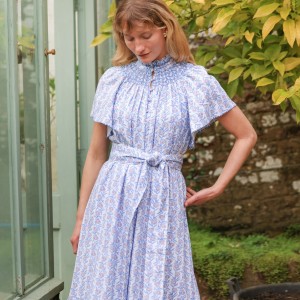Colette Dress Passionflower Trellis with Delphinium Blue Hand Smocking