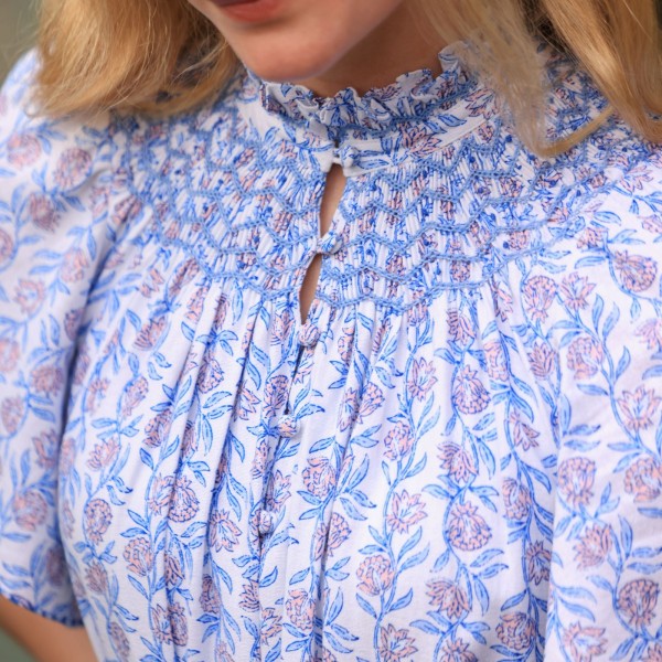 Colette Dress Passionflower Trellis with Delphinium Blue Hand Smocking