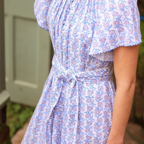 Colette Dress Passionflower Trellis with Delphinium Blue Hand Smocking