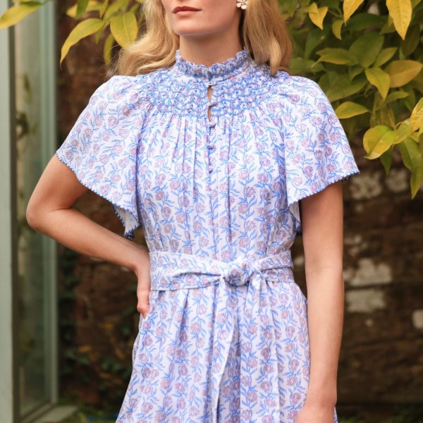 Colette Dress Passionflower Trellis with Delphinium Blue Hand Smocking