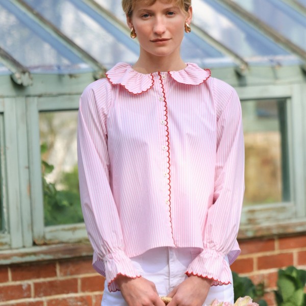 De Beauvoir Blouse Dolls House Stripe with Kiss Kiss Embroidery
