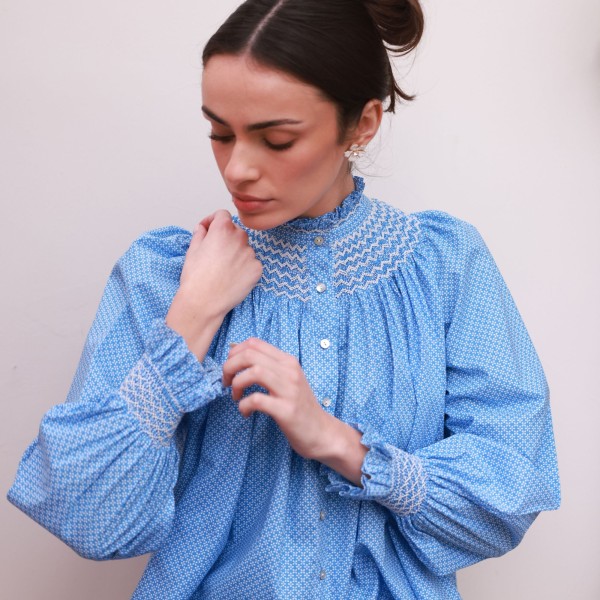 Pom x Smock London Scholl Blouse Paperwhite Ditsy with Snowdrop Hand Smocking Edition 61