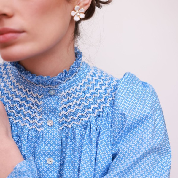 Pom x Smock London Scholl Blouse Paperwhite Ditsy with Snowdrop Hand Smocking Edition 61