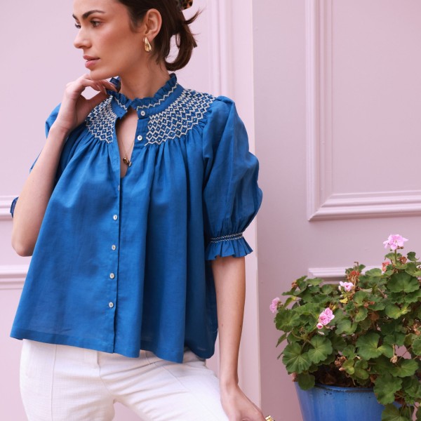 Scholl Blouse Cobalt Linen with Vanilla Hand Smocking Edition 54