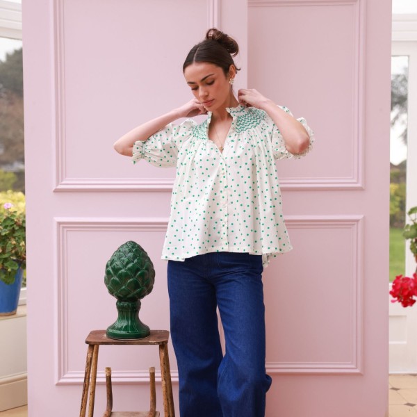 Scholl Blouse Frog Polka cotton with Jade Hand Smocking Edition 59