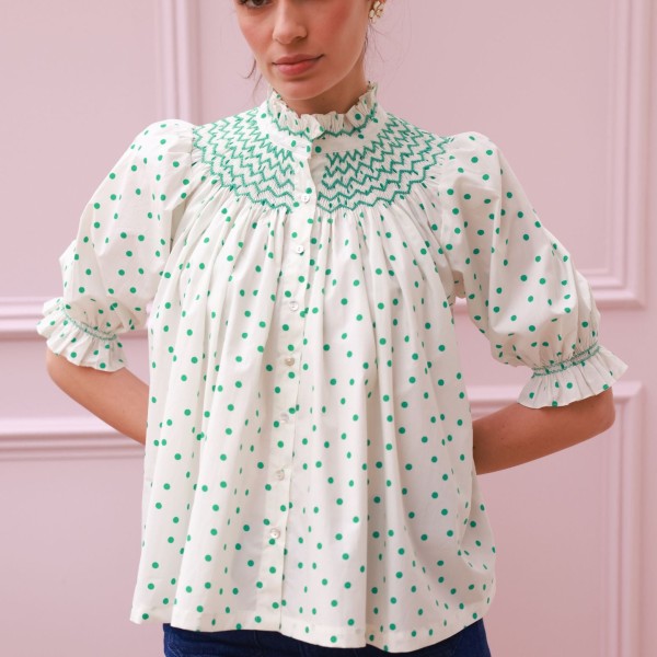 Scholl Blouse Frog Polka cotton with Jade Hand Smocking Edition 59