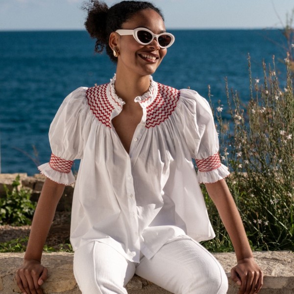 Scholl Women's Summer Blouse White with Pillar Box Red Hand Smocking