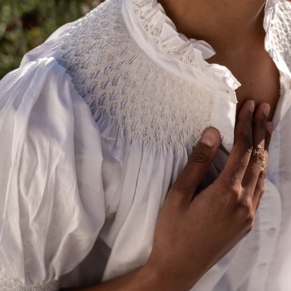 Scholl Women's Summer Blouse White with Ivory Hand Smocking Edition 9