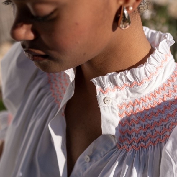 Scholl Women's Summer Blouse White with Coral Hand Smocking