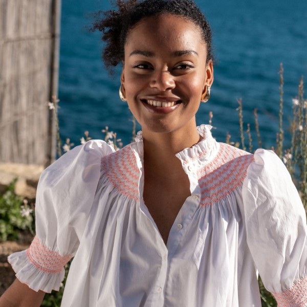Scholl Women's Summer Blouse White with Coral Hand Smocking