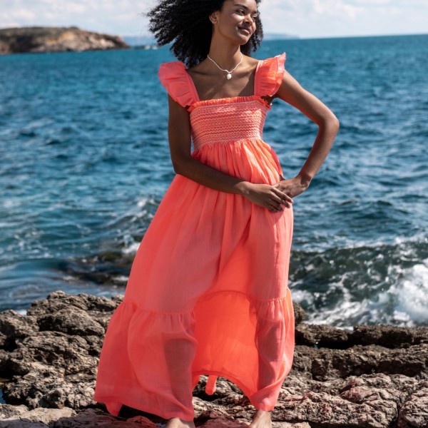 Wallis Simpson Dress Coral Dreams Organdie with Chantilly Hand Smocking